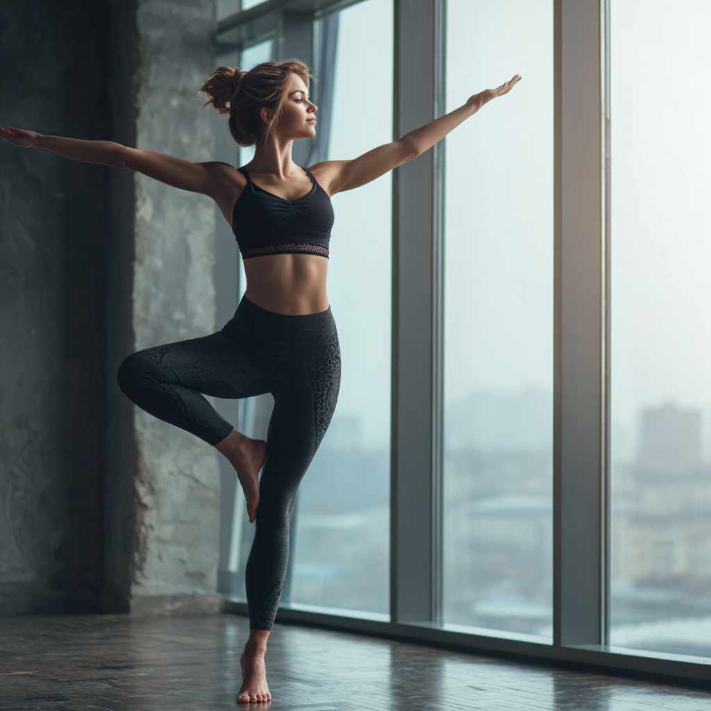 Femeie practicând yoga urbană în mediu modern, cu energie și concentrare